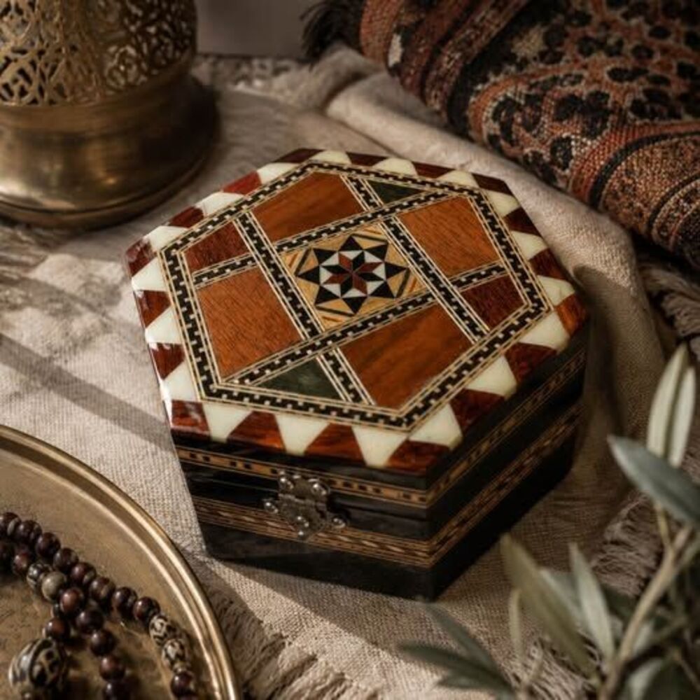 Handcrafted Middle Eastern Mosaic Marquetry Jewelry Box – Inlaid Wood & Mirror